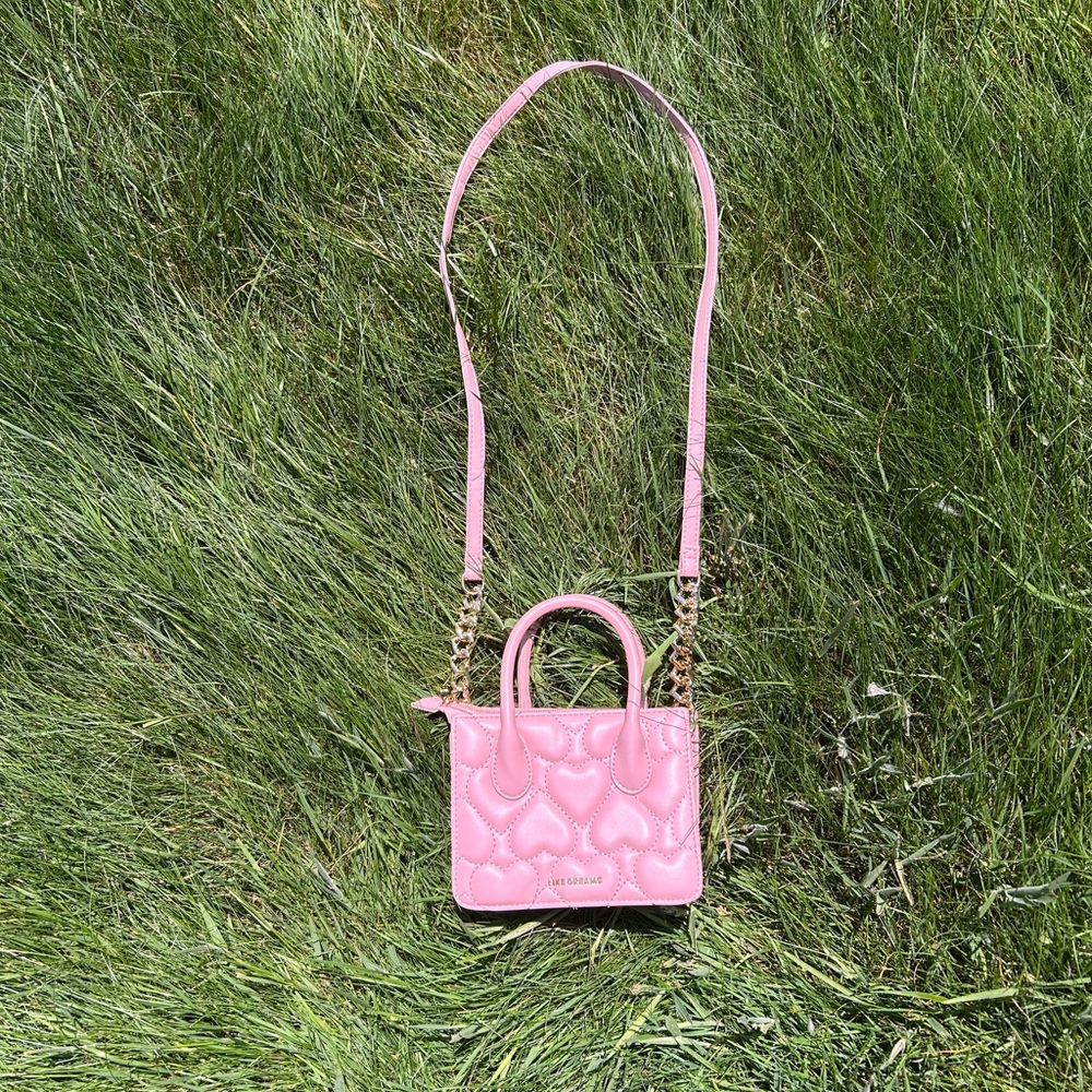Pink Faux Leather Crossbody Bag With Heart Imprints